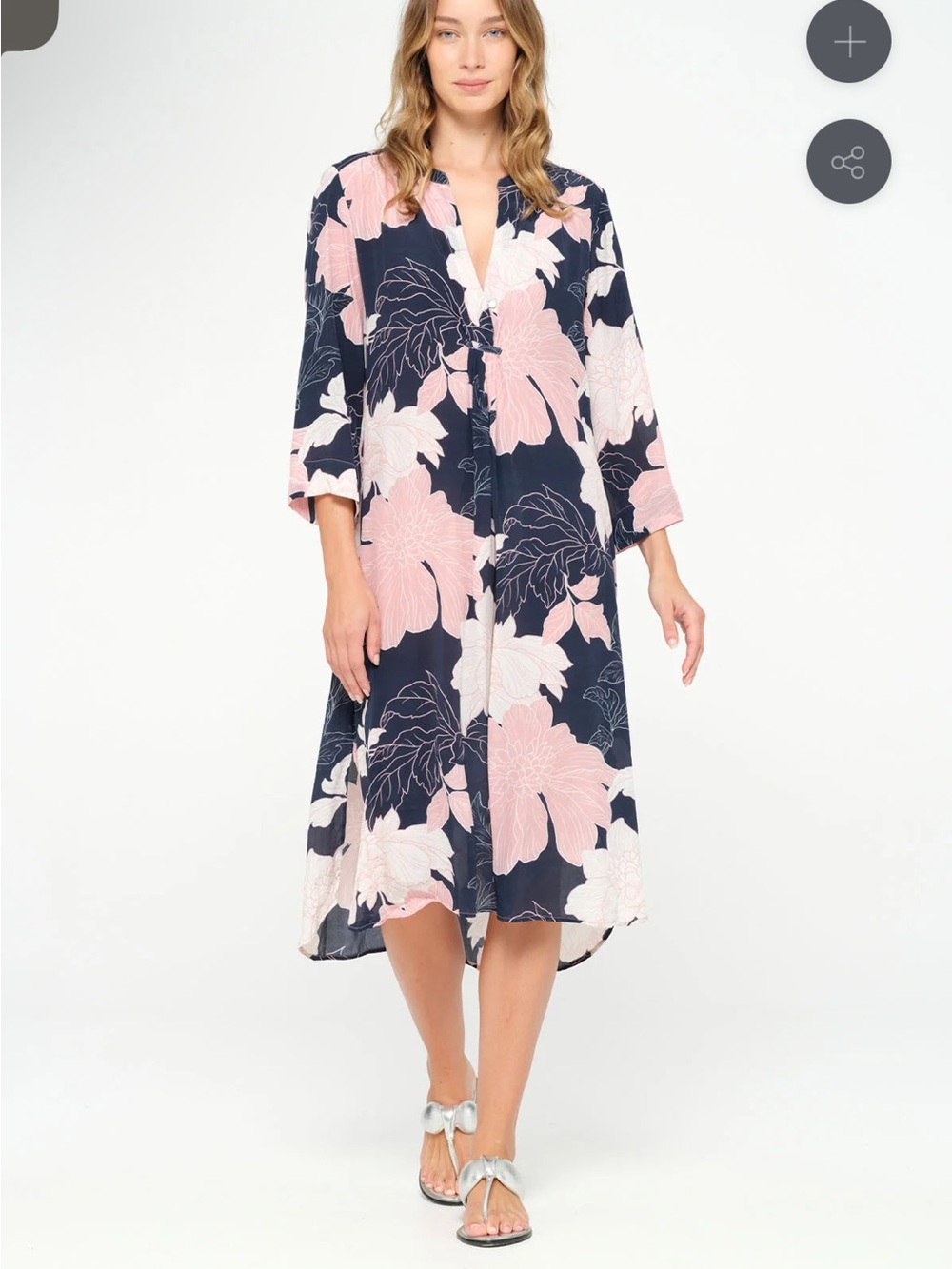 One Season Australia Papy Playa Navy Floral Midi Dress Pink & Cream Medium